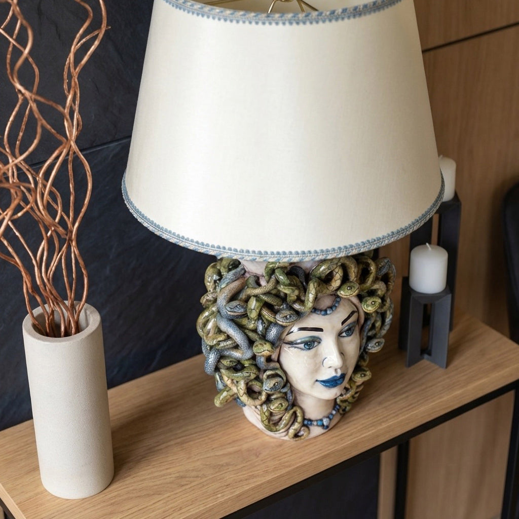 Medusa head lamp, Woman, hair of snakes, Greek myth. Ceramiche Sofia, Caltagirone