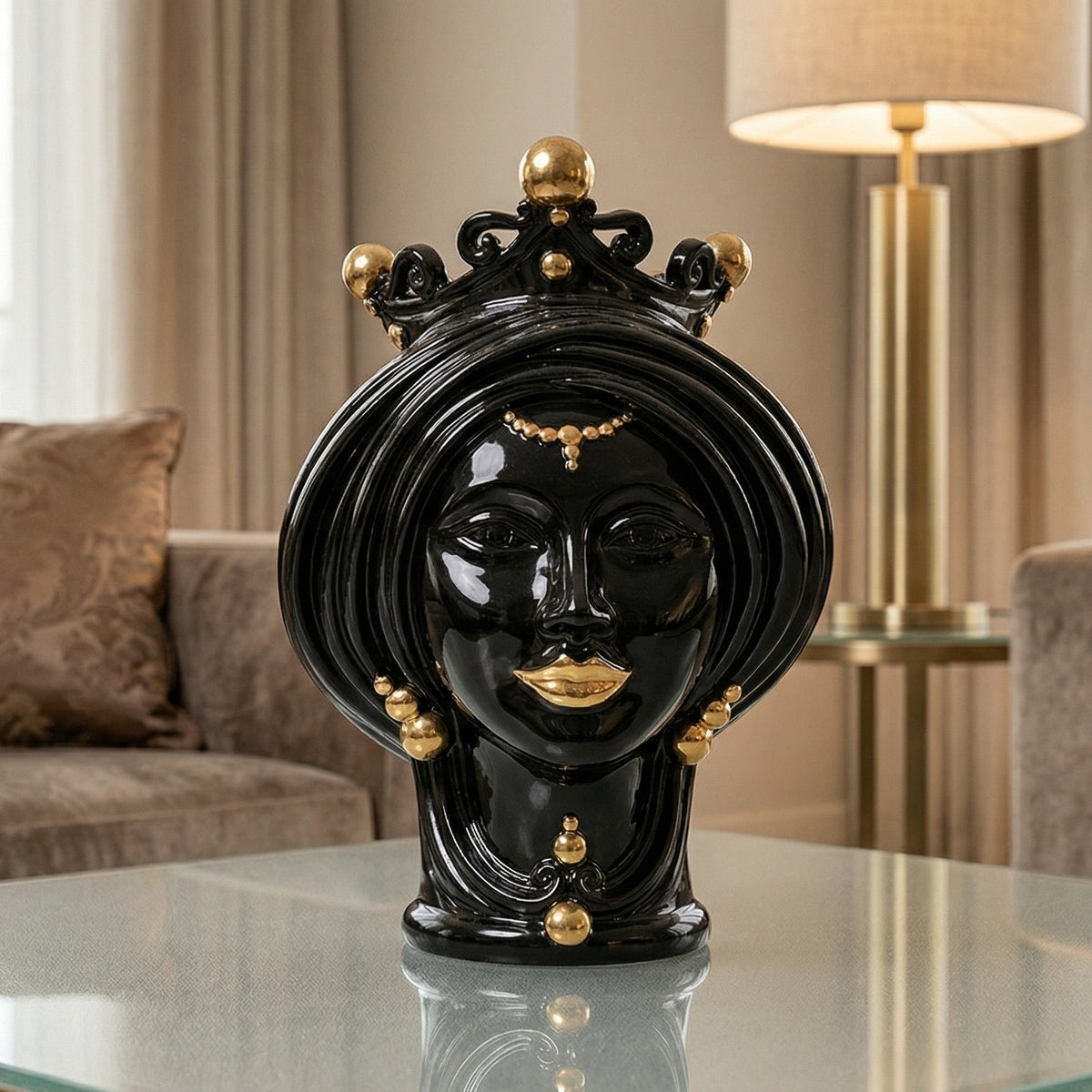 Testa di Moro, Woman, Black and Gold, crown, pure gold. Sicilian ceramics from Caltagirone, Sofia