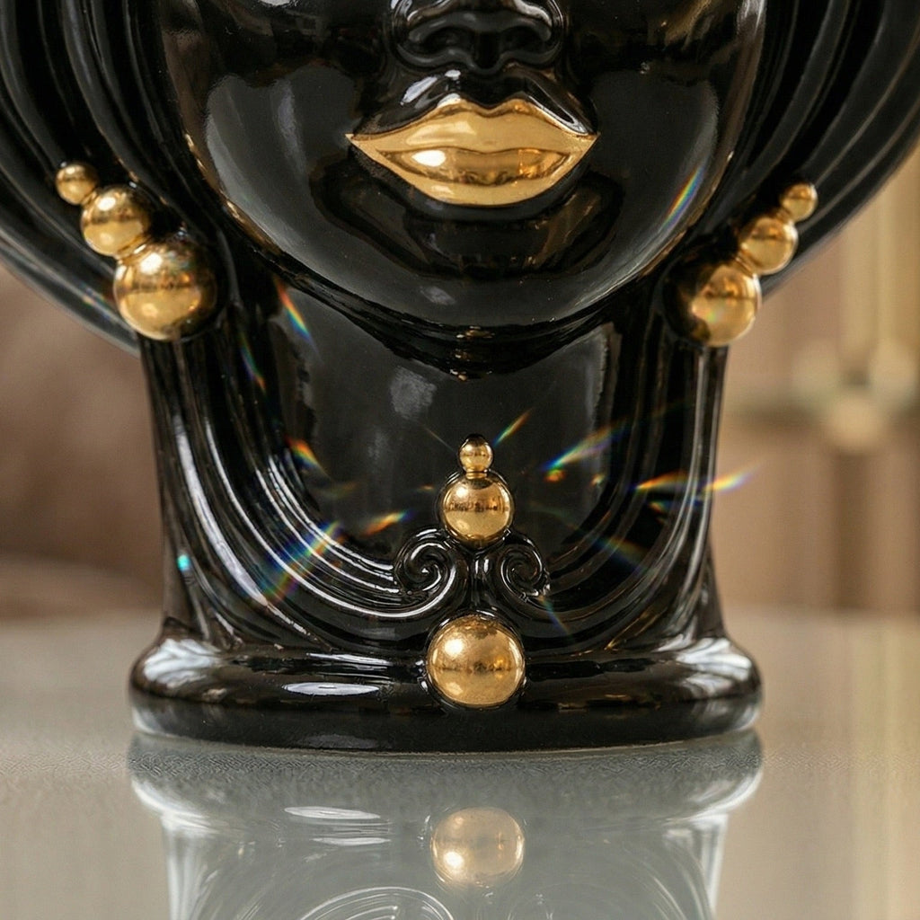 Testa di Moro, Woman, Black and Gold, crown, pure gold. Sicilian ceramics from Caltagirone, Sofia
