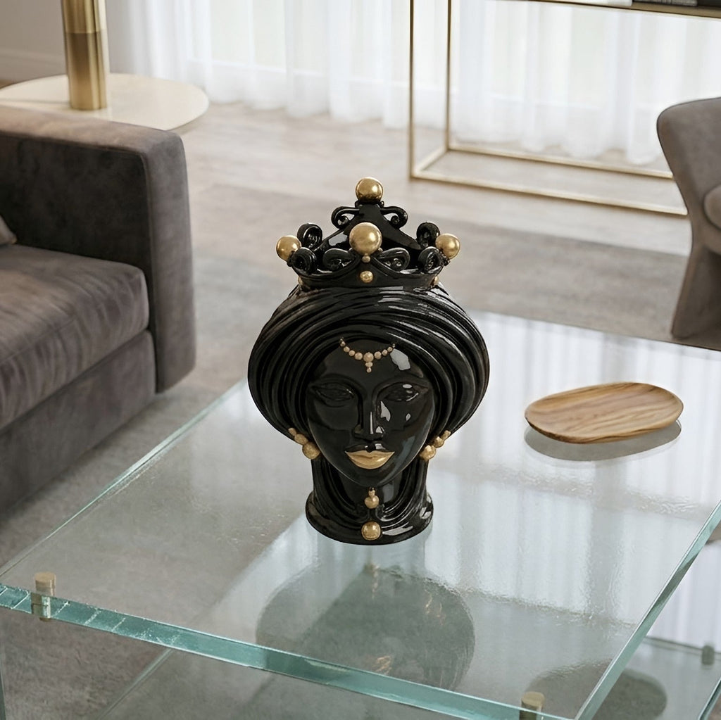 Testa di Moro, Woman, Black and Gold, crown, pure gold. Sicilian ceramics from Caltagirone, Sofia
