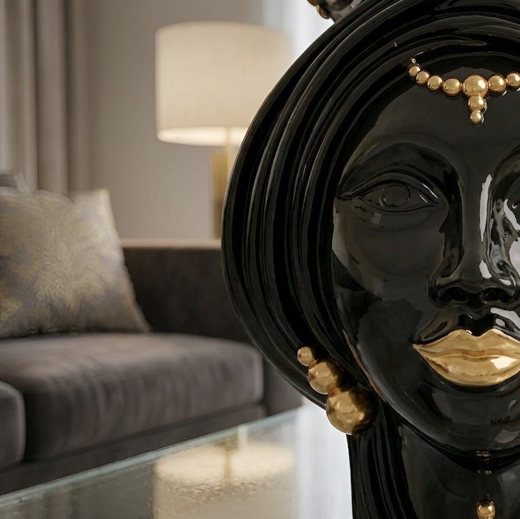 Testa di Moro, Woman, Black and Gold, crown, pure gold. Sicilian ceramics from Caltagirone, Sofia