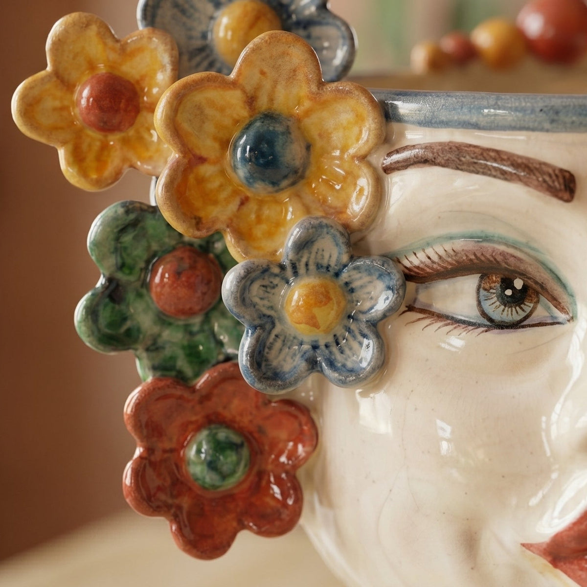 Testa di Moro with Flowers, Woman, Decoro Sicily, face, lips. Ceramiche Sofia, Caltagirone