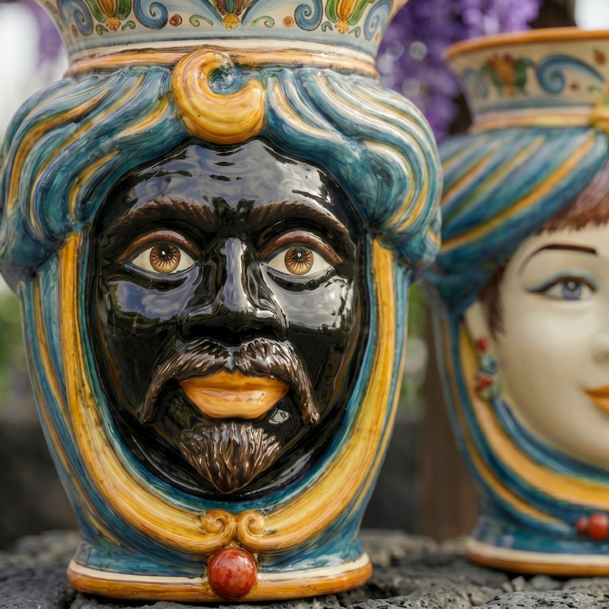 Testa di Moro, Man without crown, Decoro Sicily, baroque decoration, face. Ceramiche Sofia, Caltagirone