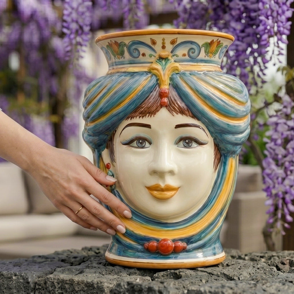 Testa di Moro, Woman without crown, Decoro Sicily, baroque decoration, turban. Sicilian ceramics from Caltagirone, Sofia
