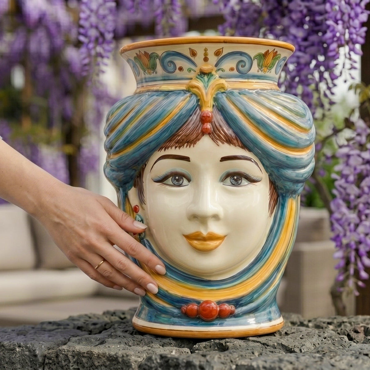 Testa di Moro, Woman without crown, Decoro Sicily, baroque decoration, turban. Sicilian ceramics from Caltagirone, Sofia
