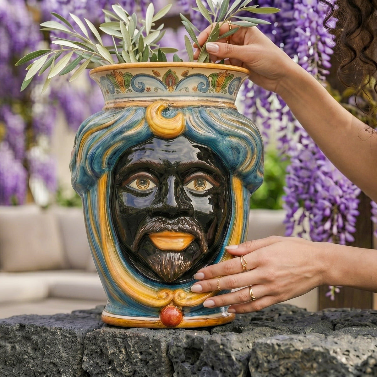Testa di Moro, Man without crown, Decoro Sicily, baroque decoration, face. Ceramiche Sofia, Caltagirone