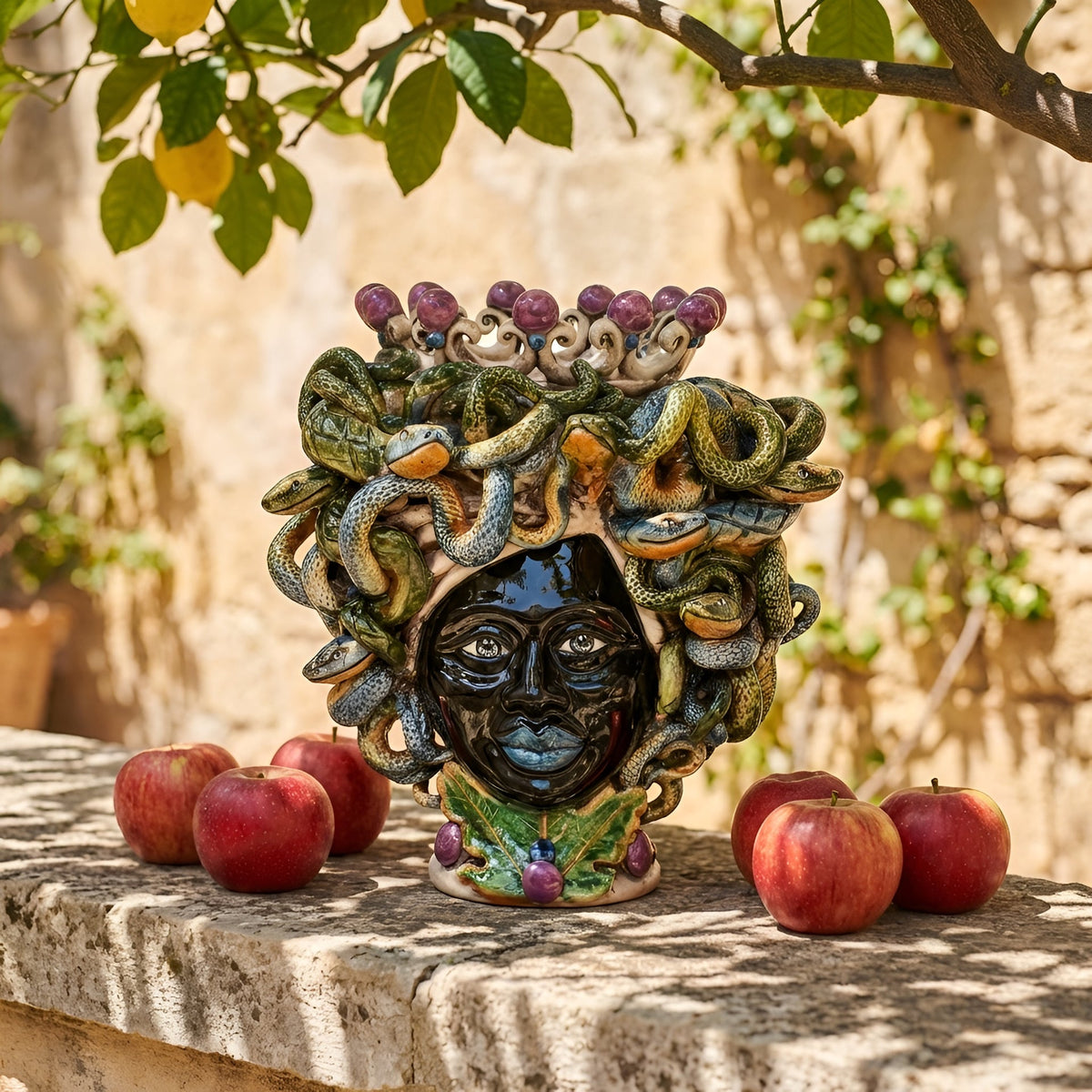 Medusa-Kopf, Glyzinien-Lüster, Schlangenhaar, Gorgone. Sizilianische Keramik aus Caltagirone, Sofia