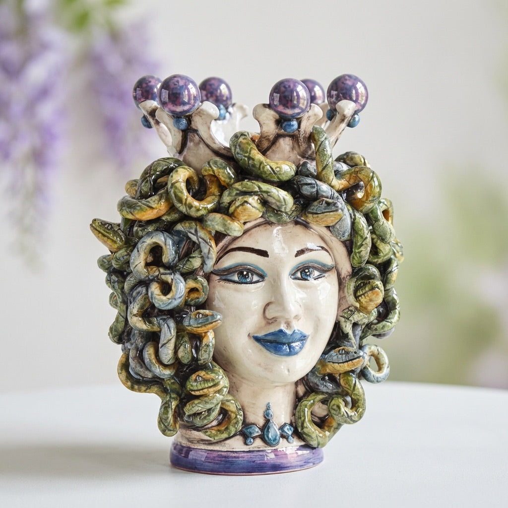 Medusa head, wisteria lustre, hair of snakes. Sicilian ceramics from Caltagirone, Sofia