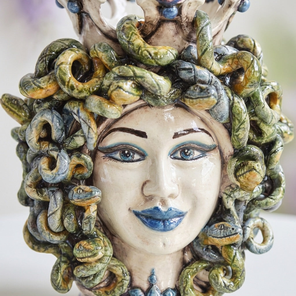 Medusa head, wisteria lustre, hair of snakes. Sicilian ceramics from Caltagirone, Sofia