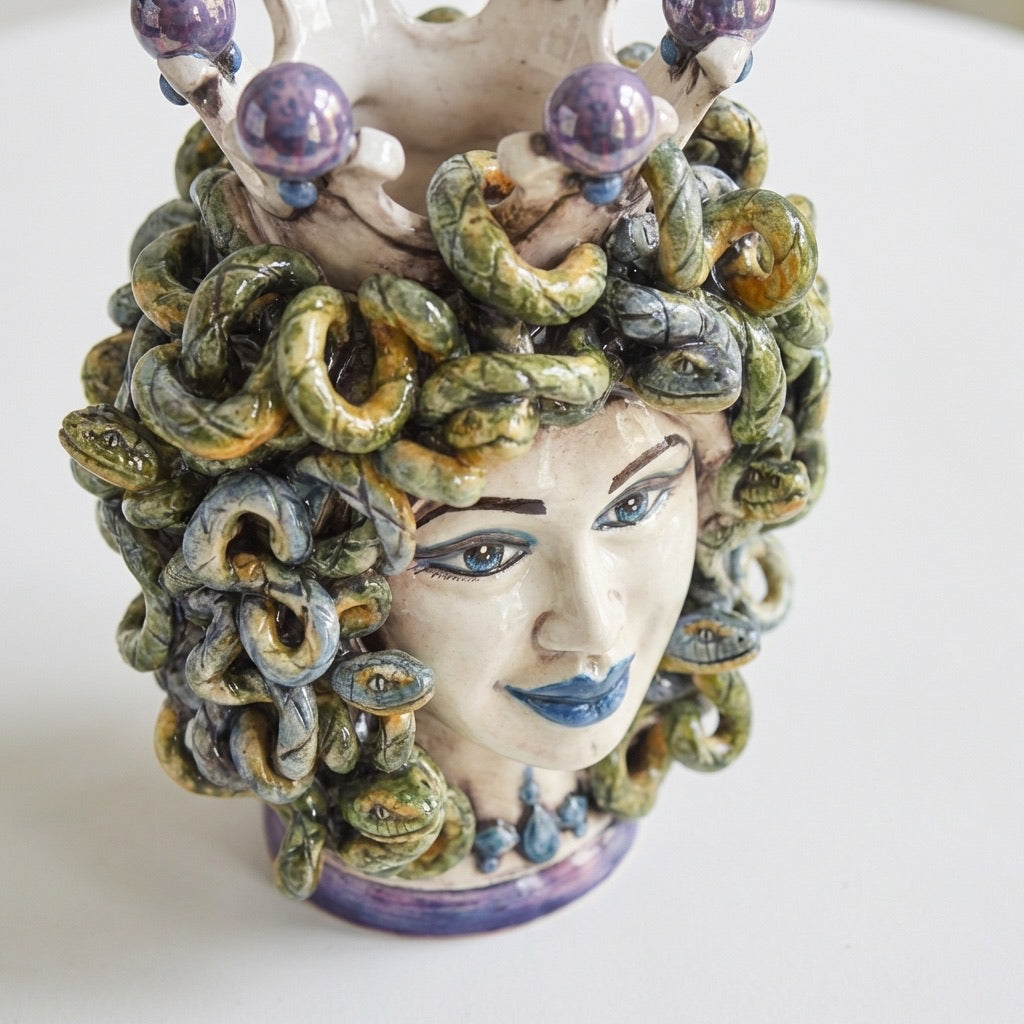 Medusa head, wisteria lustre, hair of snakes. Sicilian ceramics from Caltagirone, Sofia