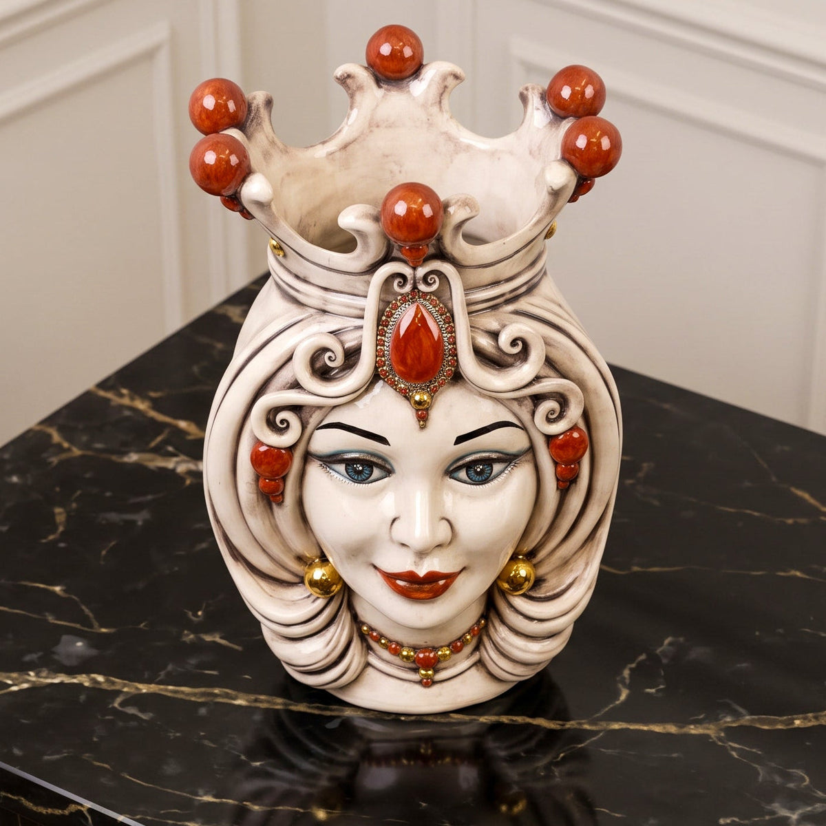 Testa di Moro h 38 cm / 15", Woman, Antique Mother of Pearl Gold and Lustre | Caltagirone Ceramics