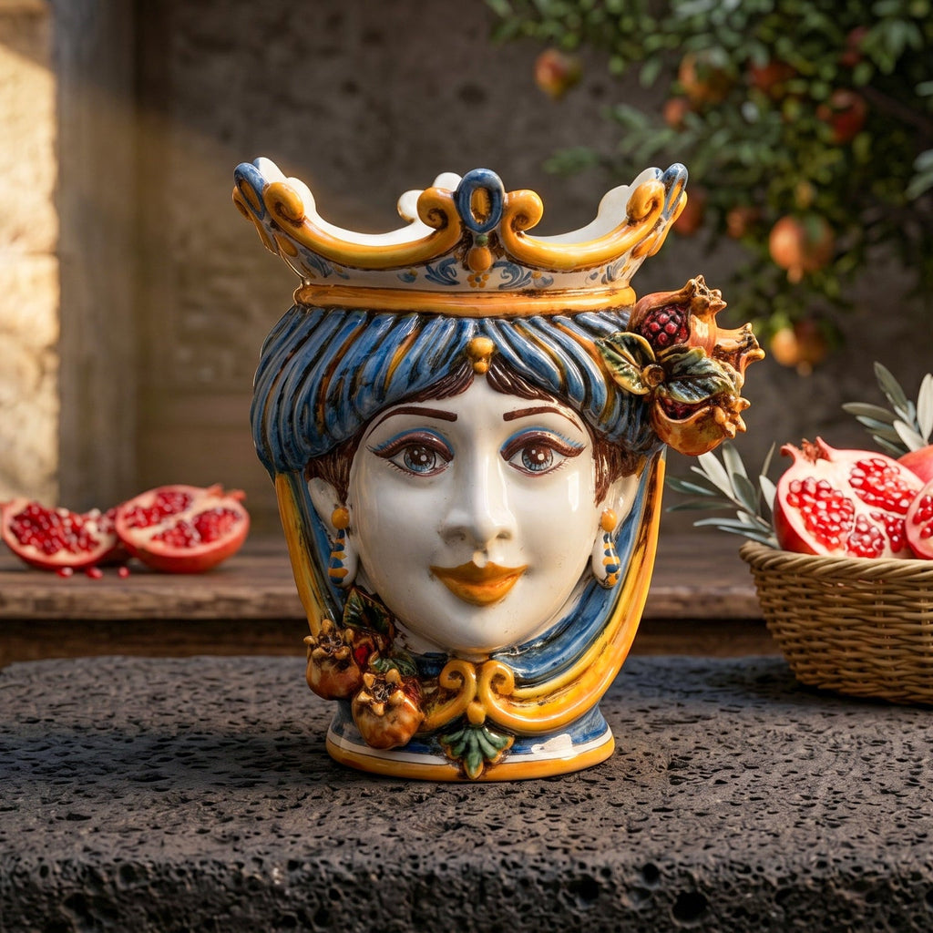 Testa di Moro with Pomegranates, Woman, Blue and Orange, crown. Sicilian ceramics from Caltagirone, Sofia