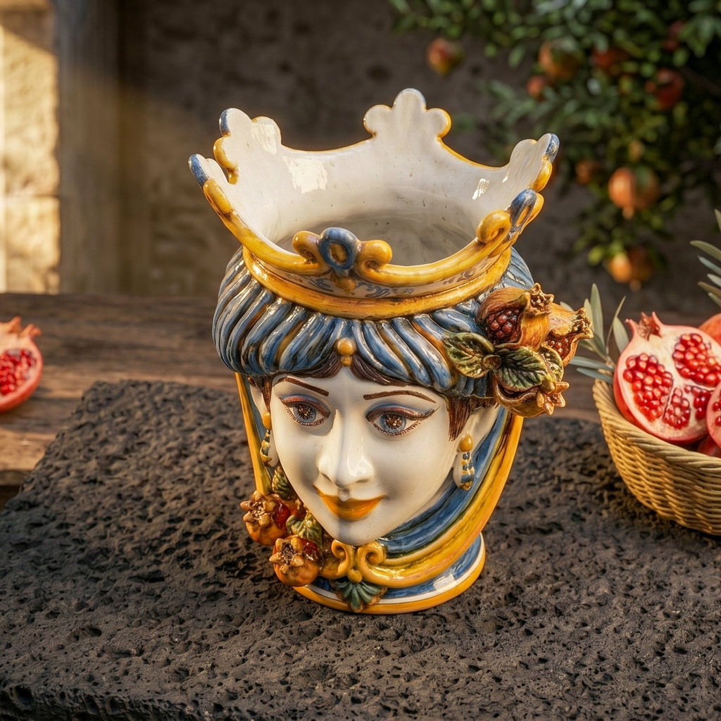 Testa di Moro with Pomegranates, Woman, Blue and Orange, crown. Sicilian ceramics from Caltagirone, Sofia