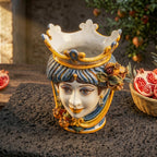 Testa di Moro with Pomegranates, Woman, Blue and Orange, crown. Sicilian ceramics from Caltagirone, Sofia