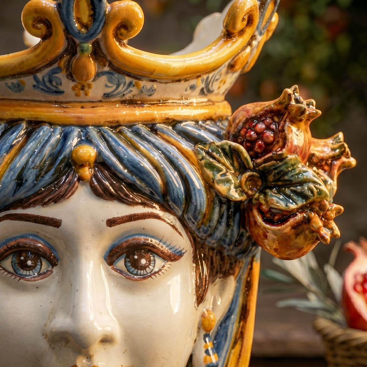 Testa di Moro with Pomegranates, Woman, Blue and Orange, crown. Sicilian ceramics from Caltagirone, Sofia
