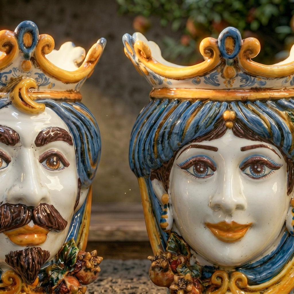 Testa di Moro with Pomegranates, Woman, Blue and Orange, crown. Sicilian ceramics from Caltagirone, Sofia