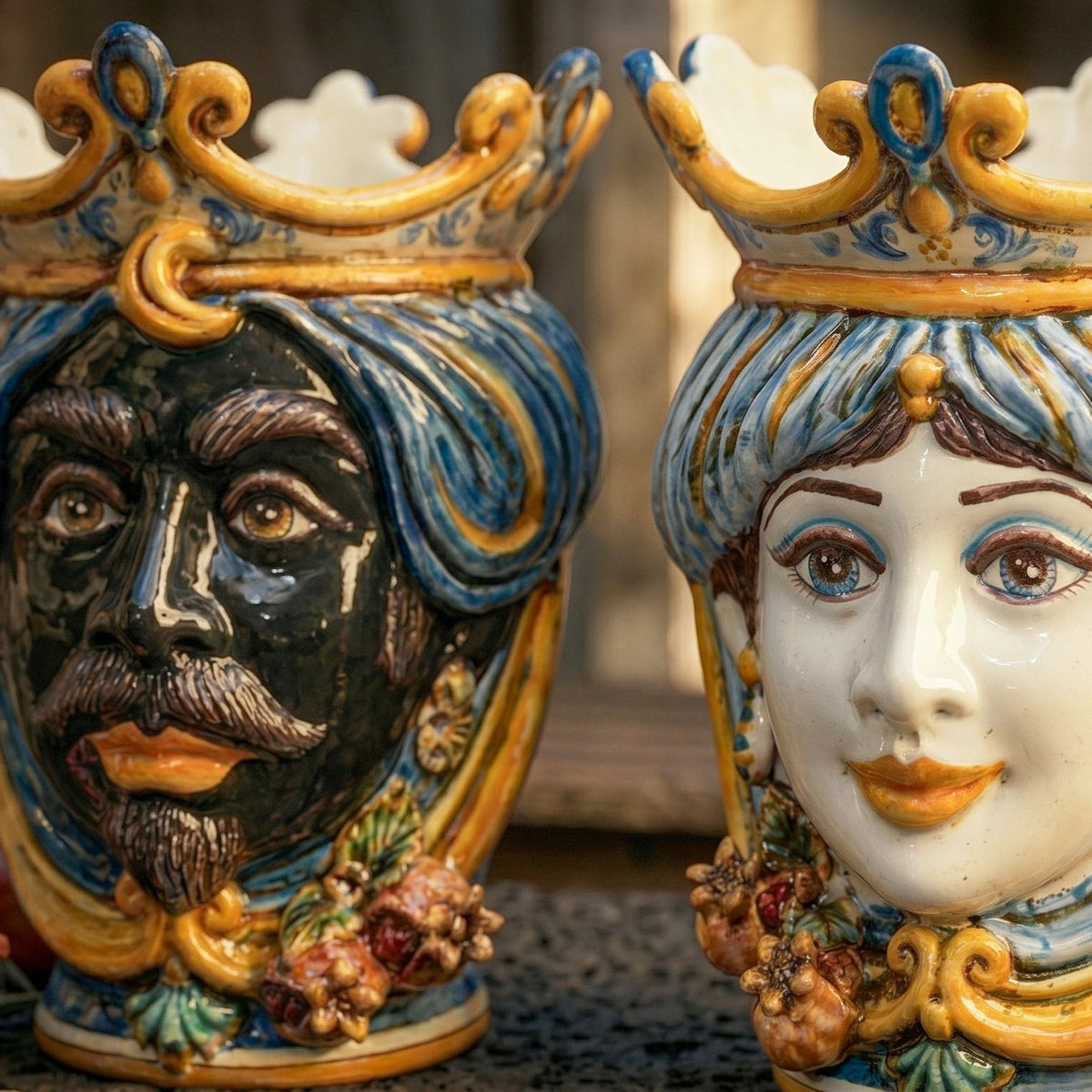 Testa di Moro with Pomegranates, Woman, Blue and Orange, crown. Sicilian ceramics from Caltagirone, Sofia