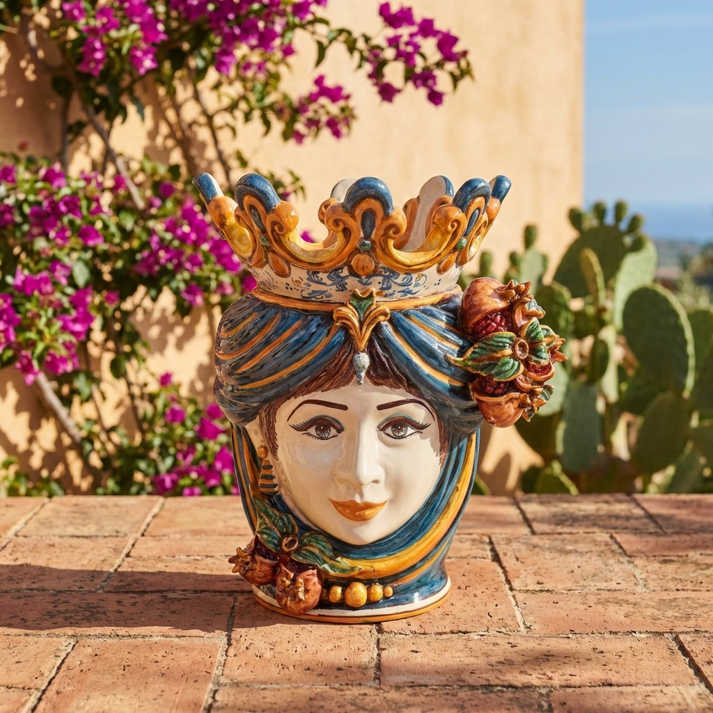 Testa di Moro with pomegranates, woman, blue and orange. Ceramiche Sofia, Caltagirone