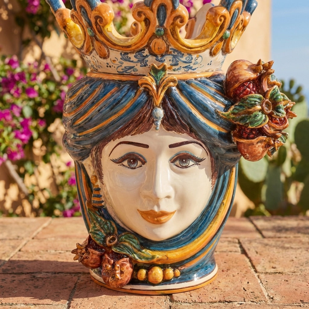 Testa di Moro with pomegranates, woman, blue and orange. Ceramiche Sofia, Caltagirone