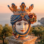 Testa di Moro with pomegranates, woman, blue and orange. Ceramiche Sofia, Caltagirone