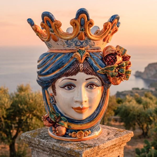 Testa di Moro with Pomegranates h 40 cm / 15¾", Woman, Blue and Orange