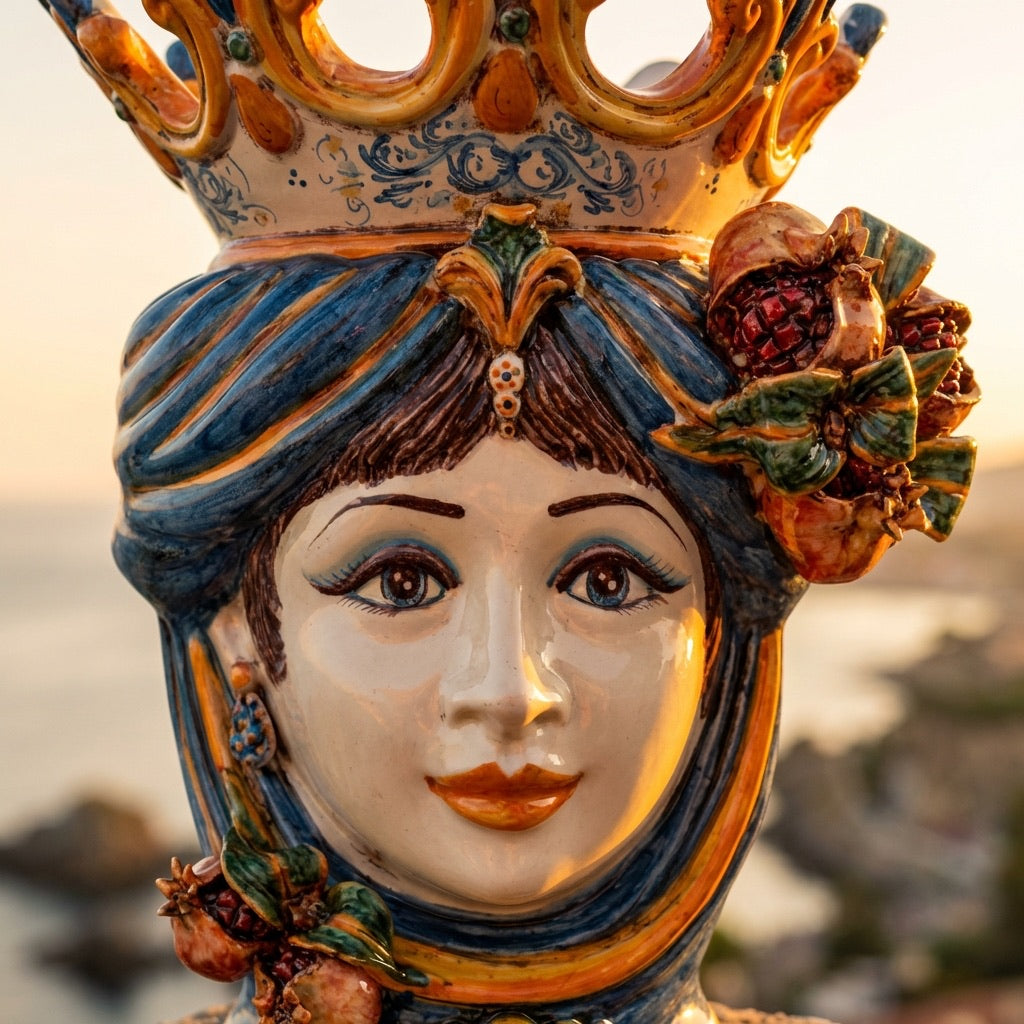 Testa di Moro with pomegranates, woman, blue and orange. Ceramiche Sofia, Caltagirone