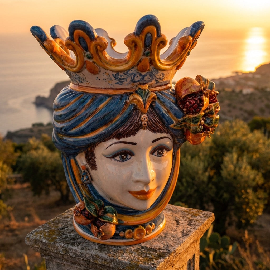 Testa di Moro with pomegranates, woman, blue and orange. Ceramiche Sofia, Caltagirone