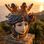 Testa di Moro with pomegranates, woman, blue and orange. Ceramiche Sofia, Caltagirone