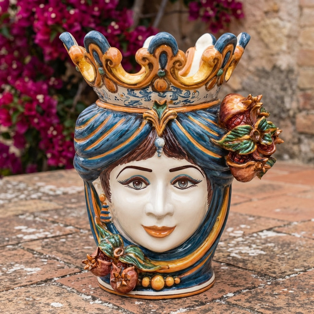 Testa di Moro with pomegranates, woman, blue and orange. Ceramiche Sofia, Caltagirone