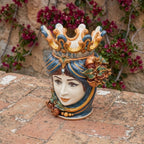 Testa di Moro with pomegranates, woman, blue and orange. Ceramiche Sofia, Caltagirone