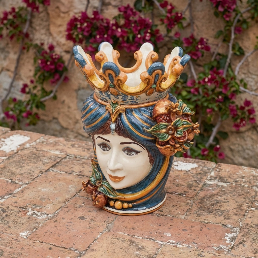 Testa di Moro with pomegranates, woman, blue and orange. Ceramiche Sofia, Caltagirone