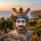 Testa di Moro mit Granatäpfeln, weißer Mann, Blau und Orange. Ceramiche Sofia, Caltagirone