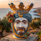 Testa di Moro mit Granatäpfeln, weißer Mann, Blau und Orange. Ceramiche Sofia, Caltagirone