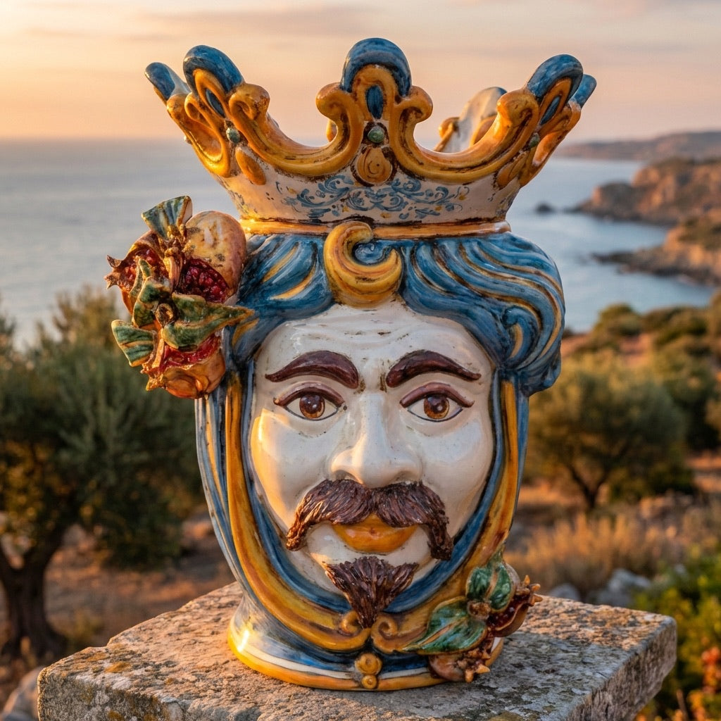 Testa di Moro mit Granatäpfeln, weißer Mann, Blau und Orange. Ceramiche Sofia, Caltagirone