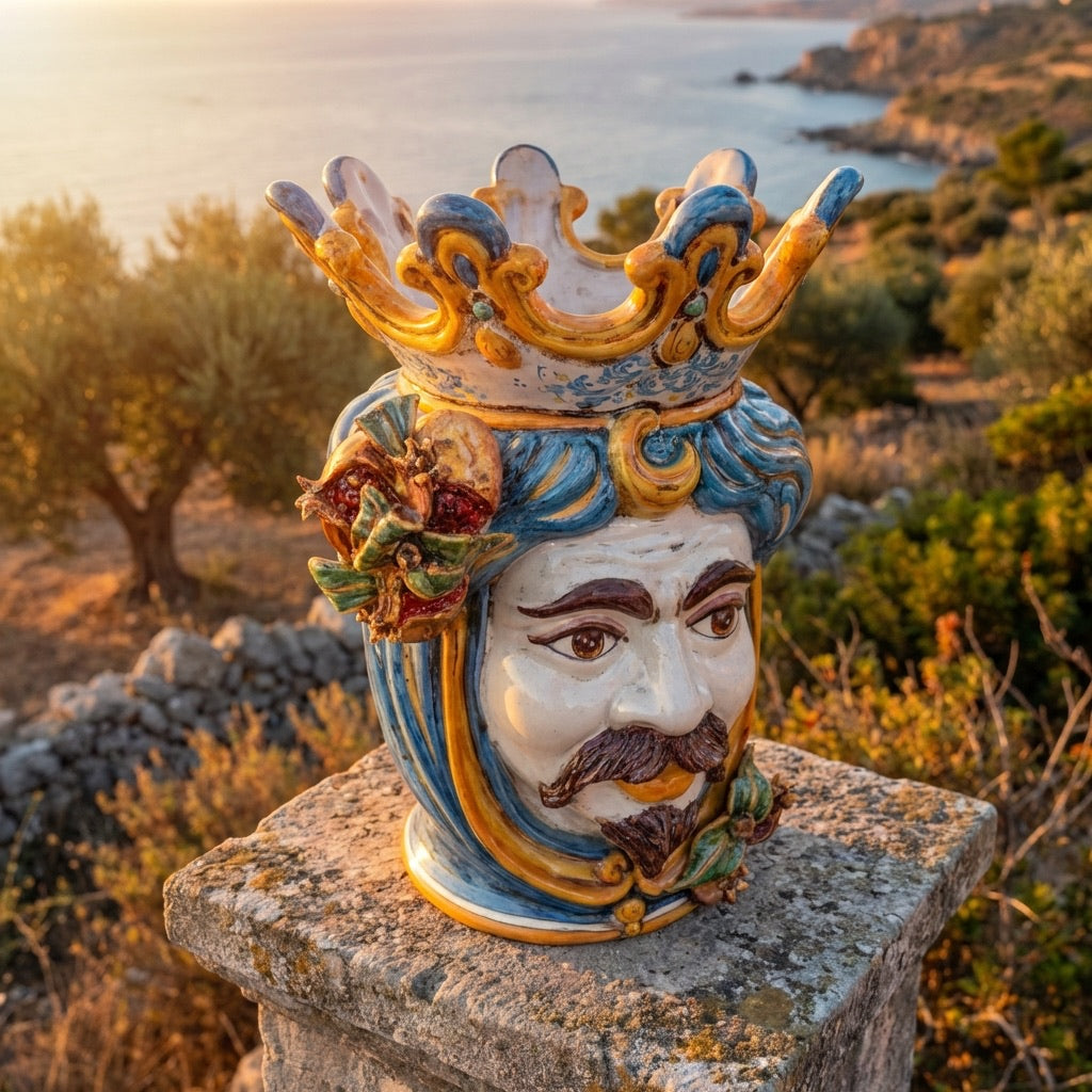 Testa di Moro with pomegranates, white male, blue and orange. Ceramiche Sofia, Caltagirone