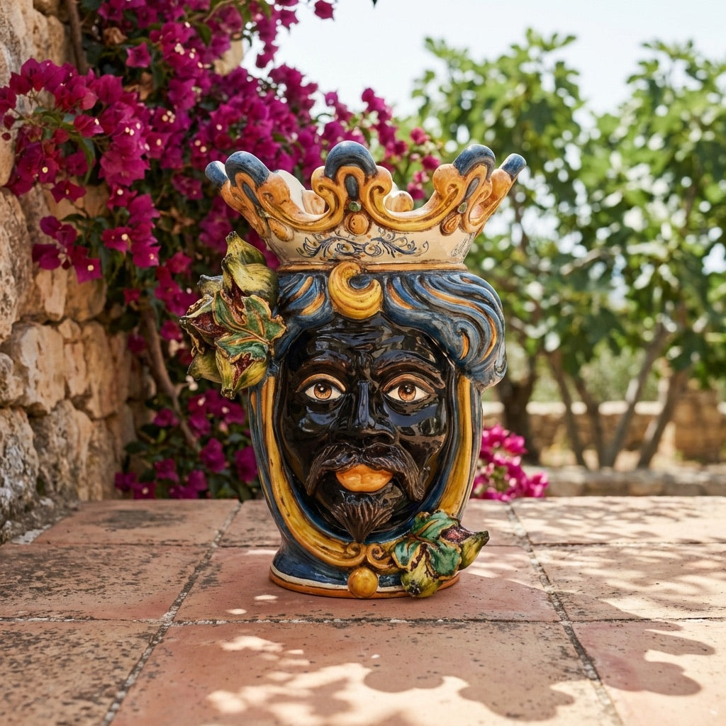 Testa di Moro with Prickly Pears, Moor Male, Blue and Orange. Ceramiche Sofia, Caltagirone