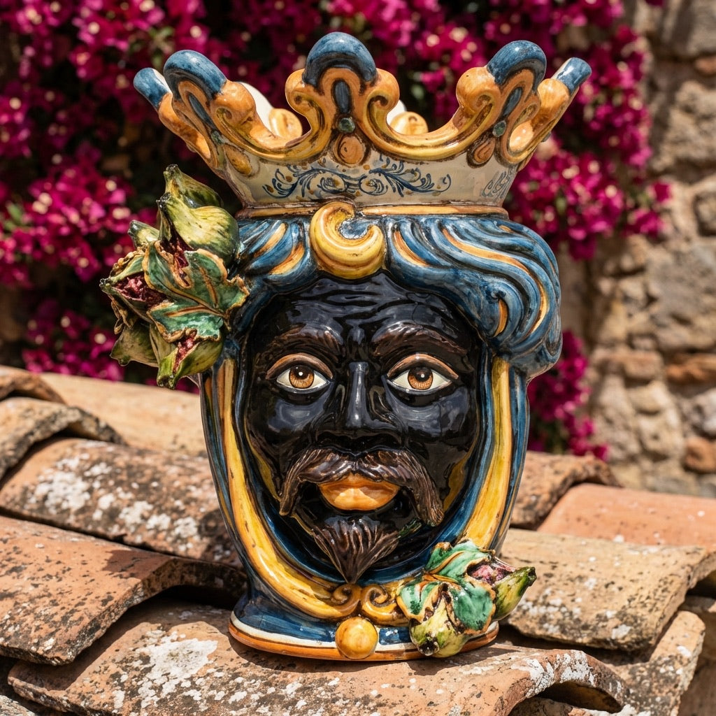 Testa di Moro with Prickly Pears, Moor Male, Blue and Orange. Ceramiche Sofia, Caltagirone