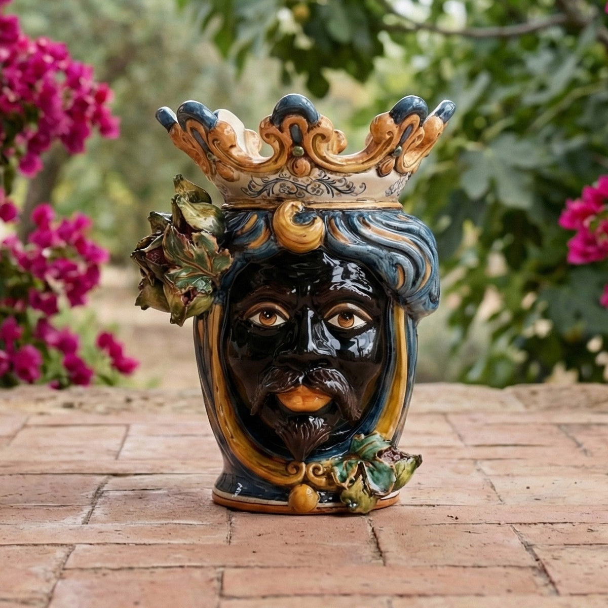 Testa di Moro with Prickly Pears, Moor Male, Blue and Orange. Ceramiche Sofia, Caltagirone