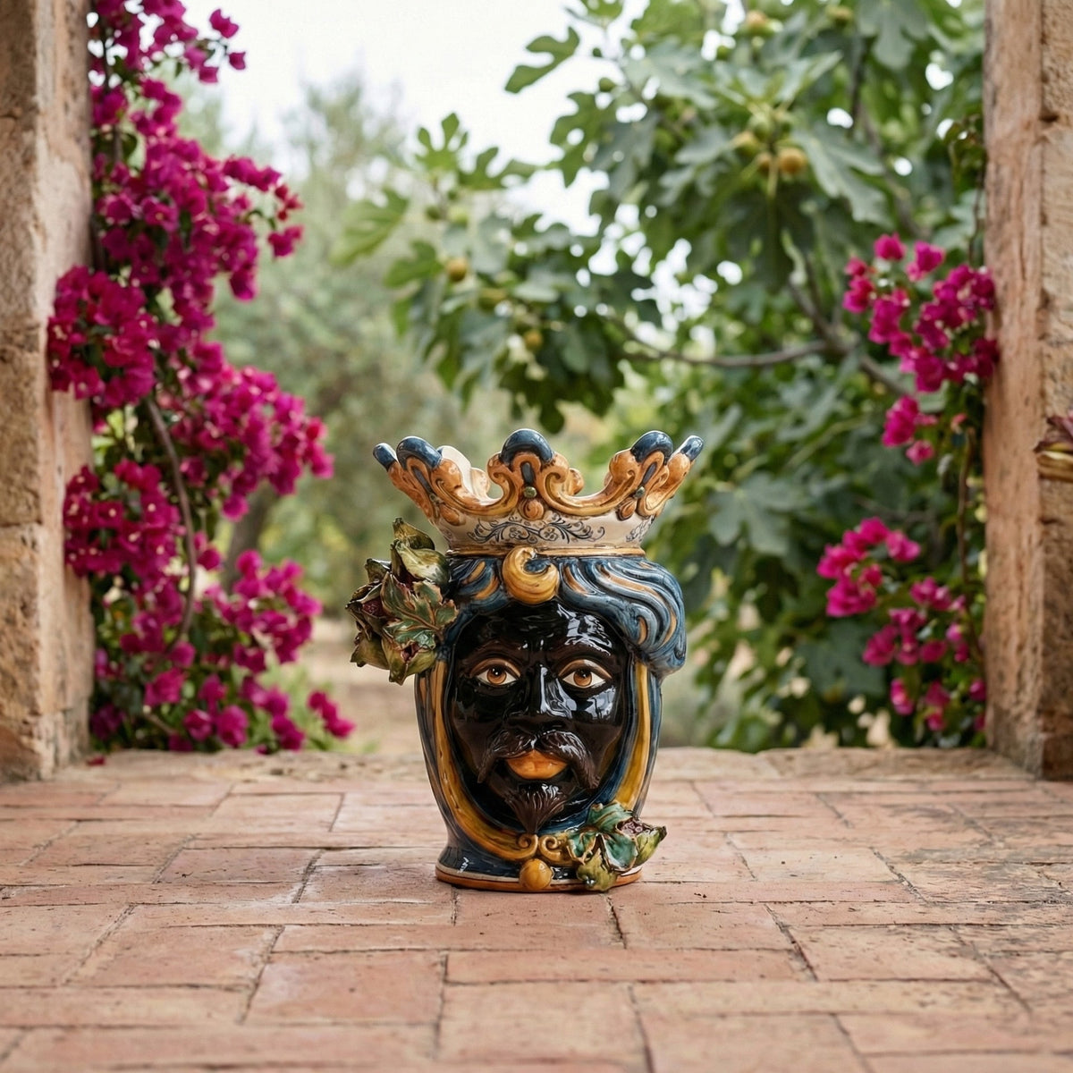 Testa di Moro with Prickly Pears, Moor Male, Blue and Orange. Ceramiche Sofia, Caltagirone