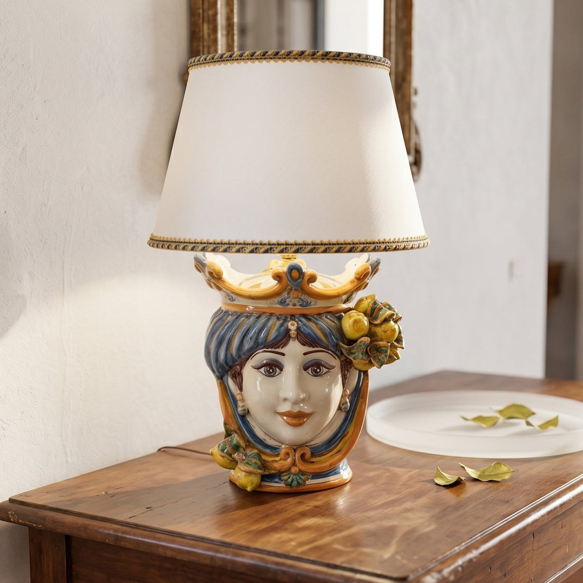 Head lamp with Lemons, Woman, blue and orange. Ceramiche Sofia, Caltagirone