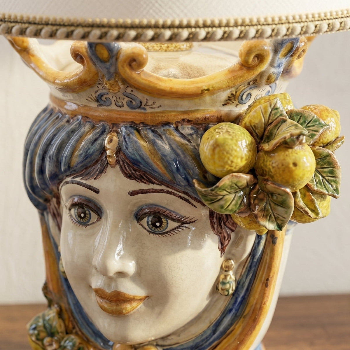 Head lamp with Lemons, Woman, blue and orange. Ceramiche Sofia, Caltagirone