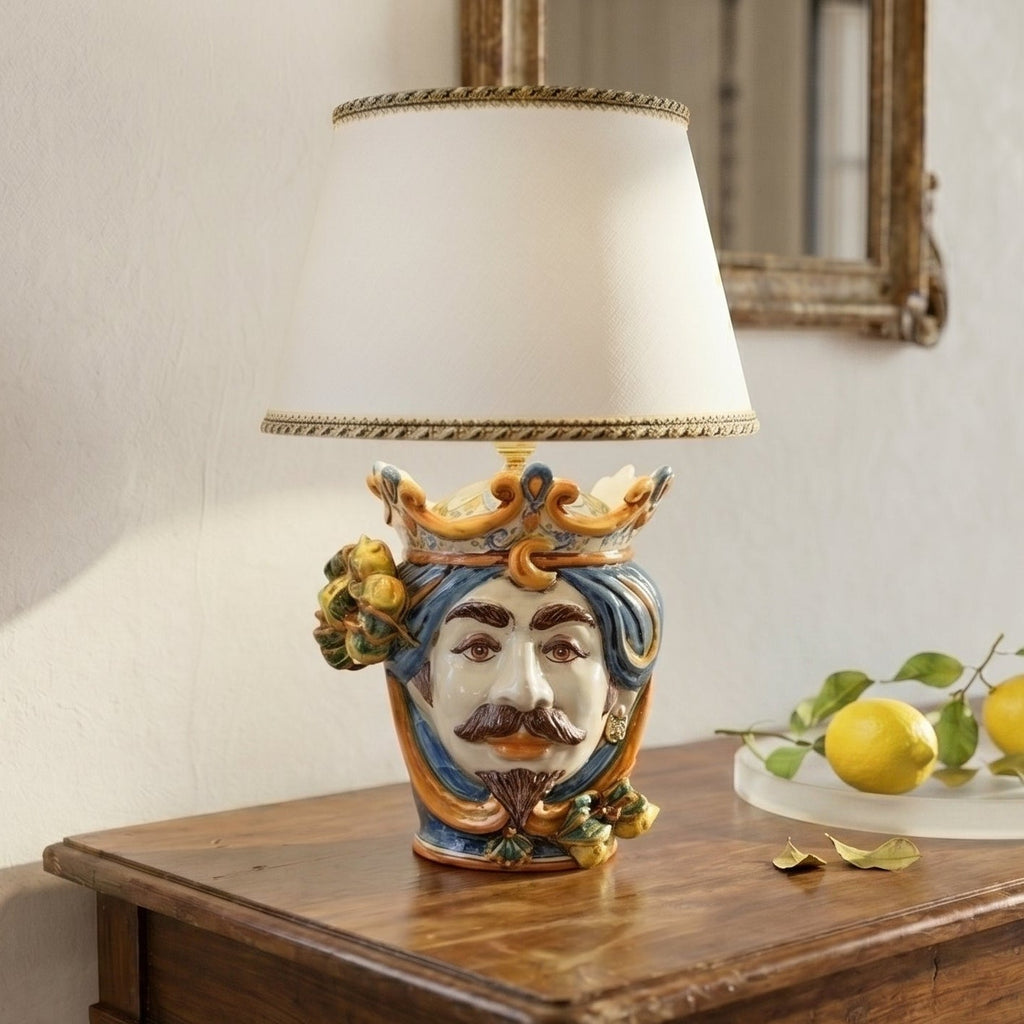 Head lamp with Lemons, white male, blue and orange. Ceramiche Sofia, Caltagirone