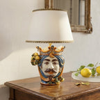 Head lamp with Lemons, white male, blue and orange. Ceramiche Sofia, Caltagirone