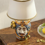 Head lamp with Lemons, white male, blue and orange. Ceramiche Sofia, Caltagirone