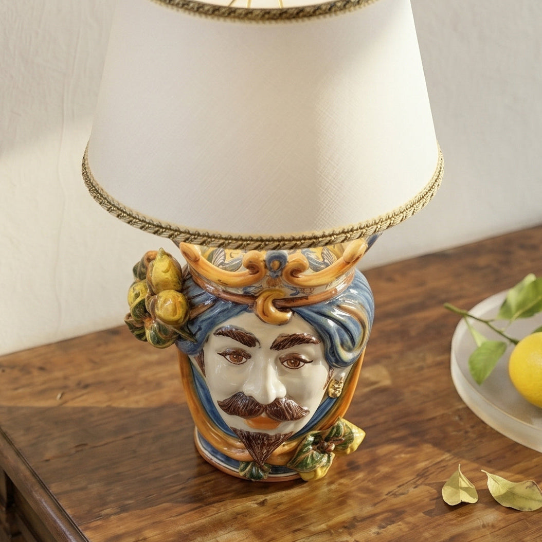 Head lamp with Lemons, white male, blue and orange. Ceramiche Sofia, Caltagirone