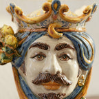 Head lamp with Lemons, white male, blue and orange. Ceramiche Sofia, Caltagirone