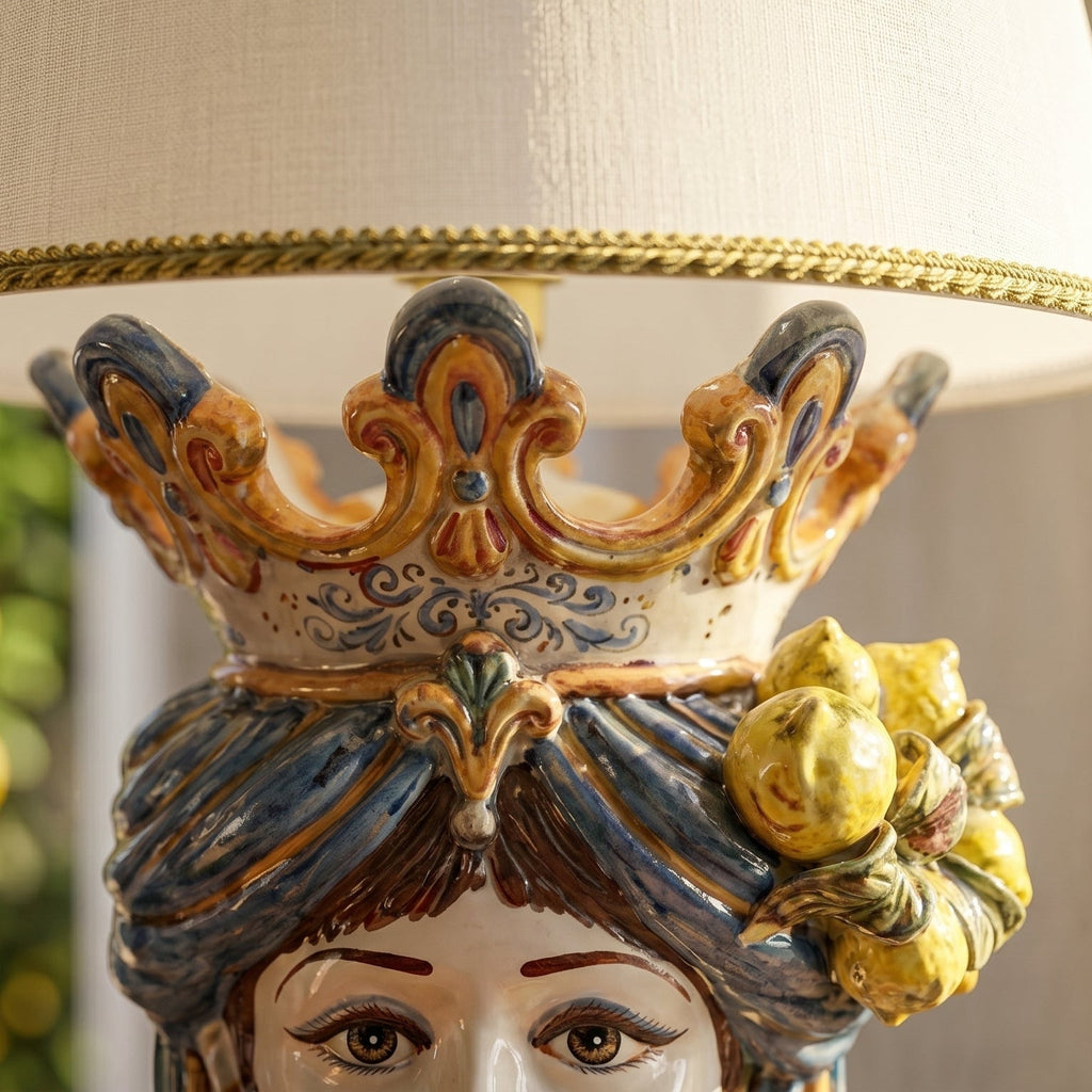 Head-shaped lamp with lemons, woman, blue and orange. Sicilian ceramics from Caltagirone, Sofia