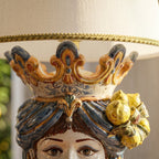 Head-shaped lamp with lemons, woman, blue and orange. Sicilian ceramics from Caltagirone, Sofia