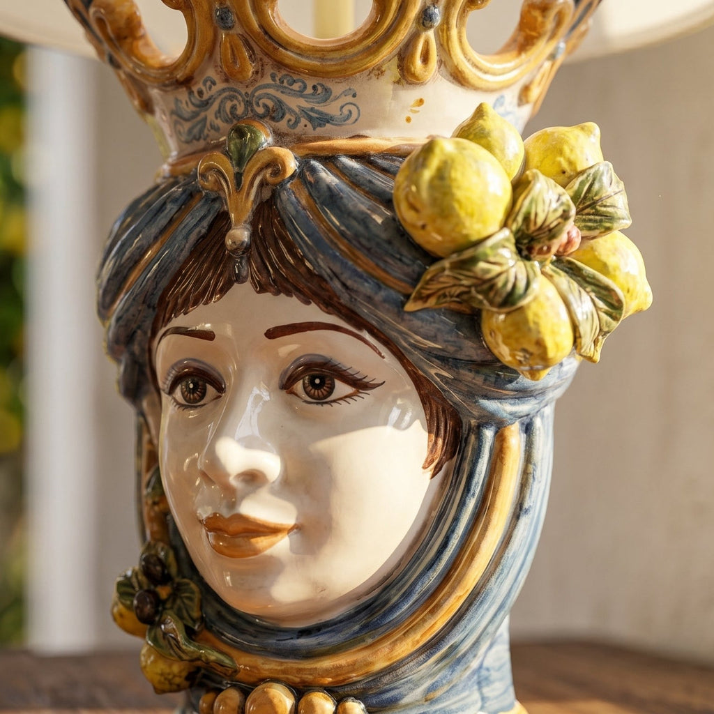 Head-shaped lamp with lemons, woman, blue and orange. Sicilian ceramics from Caltagirone, Sofia