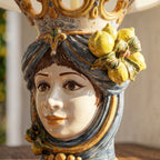 Head-shaped lamp with lemons, woman, blue and orange. Sicilian ceramics from Caltagirone, Sofia